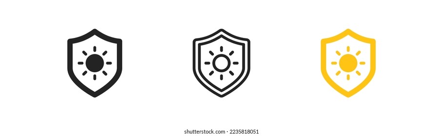 Icono de protección de esquema de Sun. El concepto de protección UV. Símbolo Spf. Escudo, señales solares. Diseño plano. Ilustración vectorial.