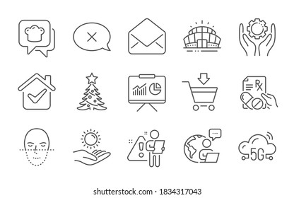 Sun Protection, Arena Stadium And Reject Line Icons Set. Mail, Cooking Hat And Prescription Drugs Signs. Face Recognition, Employee Hand And Presentation Symbols. Line Icons Set. Vector