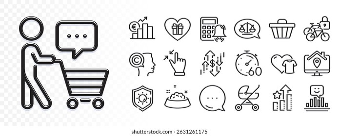 Sun protection, Baby carriage and Buyer think line icons for web app. Glare of light effect. Message icon. Pack of Touchscreen gesture, Romantic gift, Bicycle lockers pictogram icons. Vector