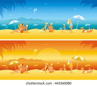 Sun protection banner set with people. Sea beach travel vector illustration. Happy family on the sea beach as background. For travel agency, summer vacation, beauty products.