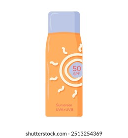 Sun protection in a bottle, aerosol, spray. Cosmetic product with SPF protection. In vector, in a flat style.