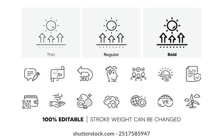 Sun protection, Certificate and Vr line icons. Pack of Sunrise, Stress, Wind energy icon. Seo gear, Qr code, Co2 pictogram. Target path, Calcium mineral, Chat bubble. Squad, 360 degrees. Vector