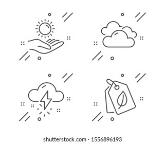 Sun protection, Cloudy weather and Thunderstorm weather line icons set. Bio tags sign. Ultraviolet care, Sky climate, Thunder bolt. Leaf. Nature set. Line sun protection outline icon. Vector