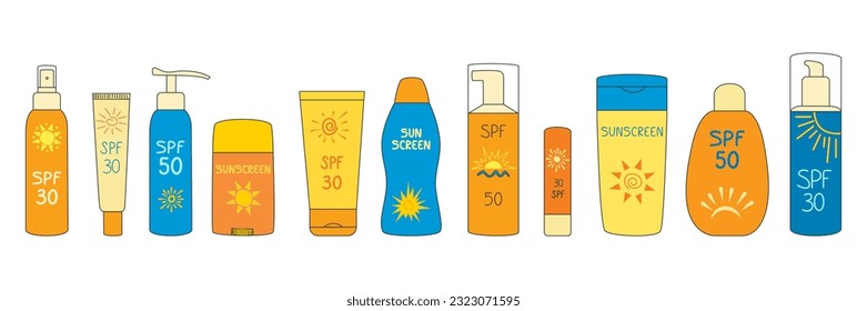Sun protection collection. Flat sunscreen set. Summer Background with sunbathing products