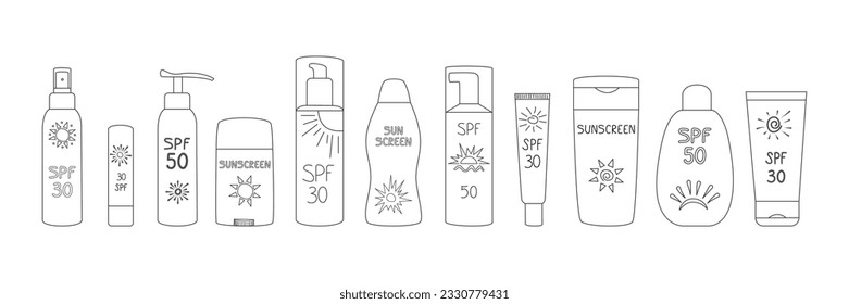 Sun protection collection. Outline sunscreen set. Summer Background with line sunbathing products