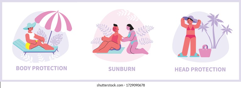 Sun protection compositions with flat human characters sunburn body skin protection methods with editable text captions vector illustration