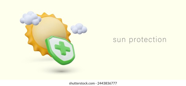 Sun protection concept. 3D sun, clouds, shield with green cross