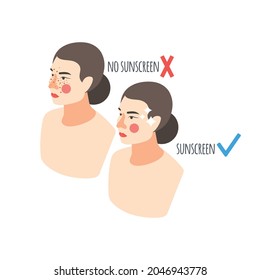 Sun protection concept female face with and without sunscreen isometric vector illustration