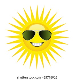 Sun protection concept. A happy sun wearing a pair of aviator sunglasses.