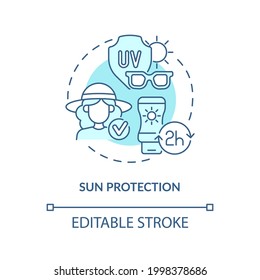 Sun protection concept icon. Summer vacation safety abstract idea thin line illustration. Lowering damage risk. Wearing sun-protective clothing. Vector isolated outline color drawing. Editable stroke