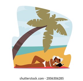Sun Protection Concept. Woman in Bikini and Tropical Hat Lying on Sandy Beach Read Book. Female Character Spend Time Outdoors on Exotic Resort Enjoying Reading. Cartoon People Vector Illustration