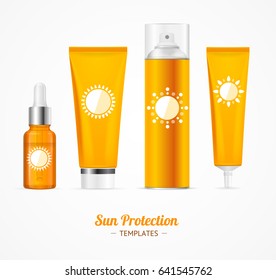 Sun Protection Cosmetic Cream Lotion, Bottle and Spray Template Set Symbol of Skincare. Vector illustration