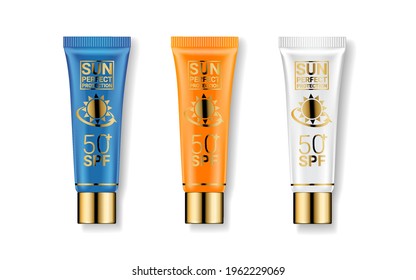 Sun Protection Cosmetic Cream SPF Template Set Summer Protect and Care for Skin. Vector illustration.