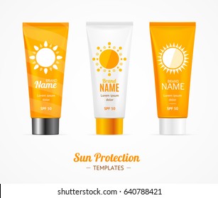 Sun Protection Cosmetic Cream Template Set Summer Protect and Care for Skin. Vector illustration