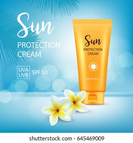 Sun protection cosmetic products design template. Vector image