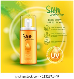 Sun Protection Cosmetic Products. Illustration For Magazine, Ads Template. Vector 3d Mock Up Of Spray For Your Design