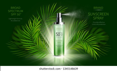 Sun protection cosmetic vector realistic ads poster. Light plastic spray bottle with sunscreen product and bright tropical leaves on green background. Spf cosmetics, mock up for glossy magazine