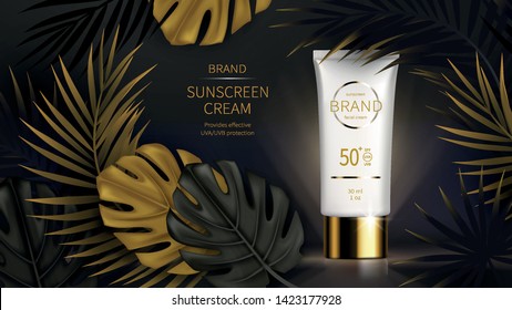 Sun protection cosmetic vector realistic ads poster. White plastic tube with sunscreen product, black golden tropical date palm, monstera leaves on dark background. Spf cosmetics, mock up for magazine