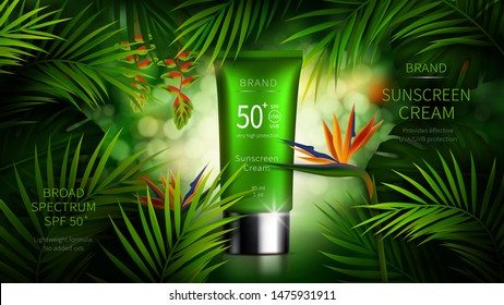 Cartel de anuncios realistas de vectores estéticos de protección solar. Tubo de plástico verde con producto de protección solar cerca de palma de dátil tropical, hojas de monstera y flor estrelitzia. Cosméticos de Spf, burlándose de la revista