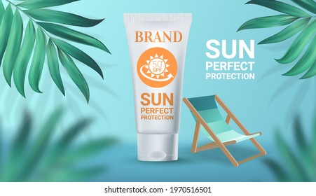Sun protection cosmetic vector realistic ads poster sunscreen product white tube and green tropical leaves on turquoise blue background. Banner Spf cosmetics mock up.
