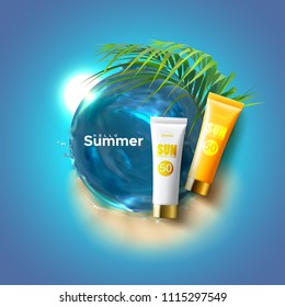 Sun protection cosmetics packaging ad poster. Body lotion or cream with UV protection, sea water whirlpool, palm leaves on sandy beach background. Vector summer illustration. Cosmetic mockup design.