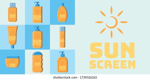 Plantilla de diseño de empaquetado de cosméticos de protección solar. Conjunto realista de iconos vectoriales de pantalla solar para el diseño web sobre fondo azul.