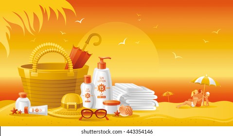 Sun protection cosmetics set. Beautiful cream and lotion tubes, straw bag, hat, sunglasses, towels. Happy family on the sea beach as background. For travel agency, summer vacation, beauty products.