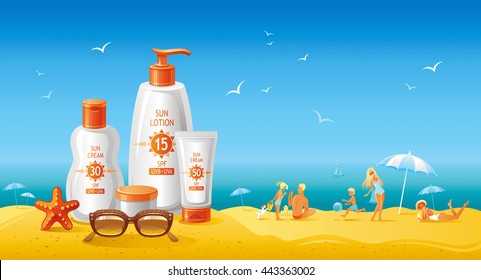 Sun protection cosmetics set. Beautiful cream and lotion tubes, sunglasses, starfish. Happy family on the sea beach as background. For travel agency, summer vacation, beauty products.