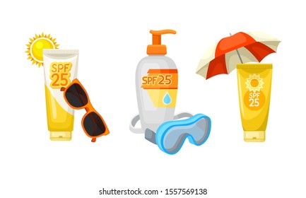 Sun Protection Cosmetics And Stuff For A Summer Holiday And Beach Vector Illustration Set Isolated On White Background