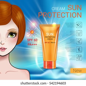 Sun Protection Cream ads. Vector Illustration with Manga style girl and sun protection tube. 