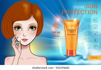 Sun Protection Cream ads. Vector Illustration with Manga style girl and sun protection tube. 