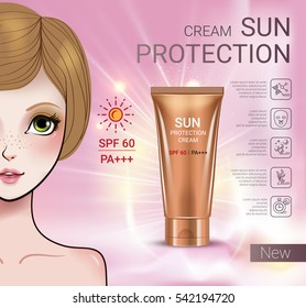 Sun Protection Cream ads. Vector Illustration with Manga style girl and sun protection tube. 