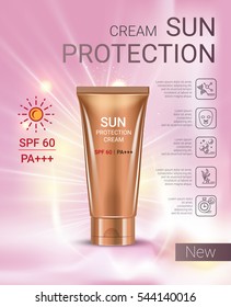 Sun Protection Cream ads. Vector Illustration with sun protection tube. 
