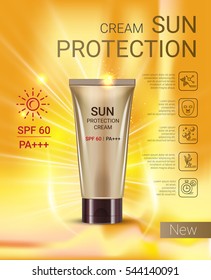Sonnenschutzcreme-Anzeigen Vektorgrafik mit Sonnenschutzröhre. 