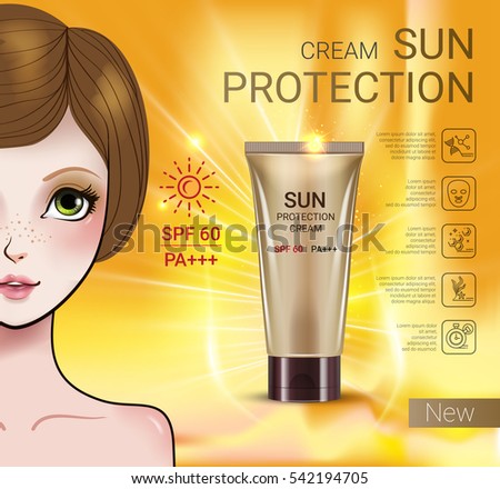 Sun Protection Cream ads. Vector Illustration with Manga style girl and sun protection tube. 