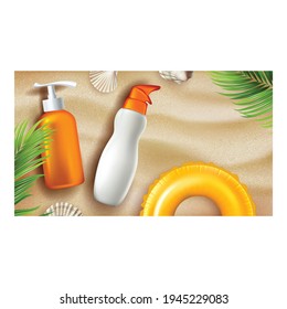 Sun Protection Cream Creative Promo Poster Vector. Sun Protect Lotion Blank Bottles With Pump And Lifebuoy, Tree Branches And Clam Shells On Sand Advertise Banner. Color Concept Template Illustration