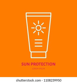 Sun protection cream flat line icon. Sunblock sign. Thin linear logo for cosmetic brand.