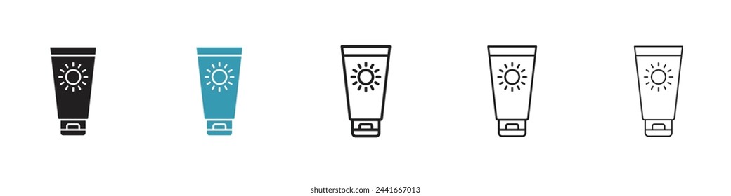 Sun Protection Cream Icons. Beach and Summer Sunscreen and Skin Care Symbols.