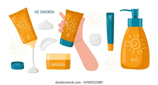 Sun protection cream set Use Sunscreen cosmetics. Moisturizing and protection for skin from solar ultraviolet light. Sunscreen cream tubes isolated on white background. Skin care and protection.