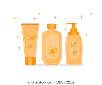 Sun protection cream tubes and Cosmetic Jars or Bottles. Sunscreen icon. Vector Flat Illustration