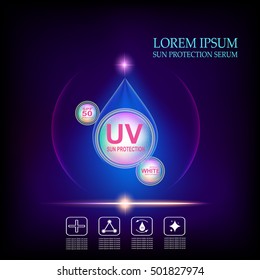 Sun protection cream, UV and Whitening Skin care .Background Vector Concept with text and drop of water in lighting effect