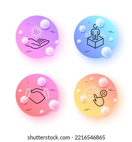 Protección solar, satisfacción del cliente e iconos de línea mínimos de realidad aumentada. botones de esferas o bolas 3d. Iconos de apretón de manos. Para web, aplicación, impresión. Vector