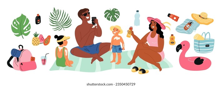 Sun protection elements. Happy family sunbathing on summer beach. People smear sunscreen themselves. UV protecting cream. Tropical leaves and fruits. SPF lotion bottles