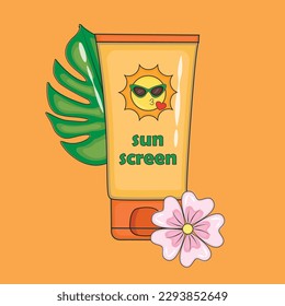 Protección solar esencial. Ilustración vectorial de Sunblock o Sunscreen con SPF en temporada de verano. Tubo o botella de protector solar.