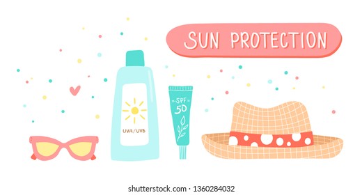 Sun protection essentials illustration. SPF 50 UVA / UVB rays blocking skincare products clip art set