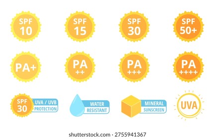 Sun protection factor icons showing spf ratings and pa levels for skincare cosmetic products, featuring water resistant and mineral sunscreen badges in cheerful flat design style