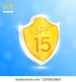 Sun protection factor SPF 15 orange glass shield. Reflect light force field prevents of sunlight. UV protection. For products design sunscreen ultraviolet UVB or cream skin care. Icon 3D vector.