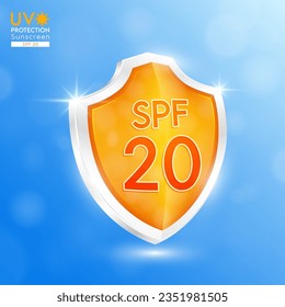 Sun protection factor SPF 20 orange glass shield. Reflect light force field prevents of sunlight. UV protection. For products design sunscreen ultraviolet UVB or cream skin care. Icon 3D vector.