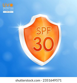 Sun protection factor SPF 30 orange glass shield. UV protection. Reflect light force field prevents of sunlight. For products design sunscreen ultraviolet UVB or cream skin care. Icon 3D vector.