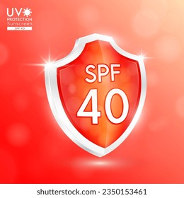 Sun protection factor SPF 40 orange glass shield. UV protection. Reflect light force field prevents of sunlight. For products design sunscreen ultraviolet UVB or cream skin care. Icon 3D vector.